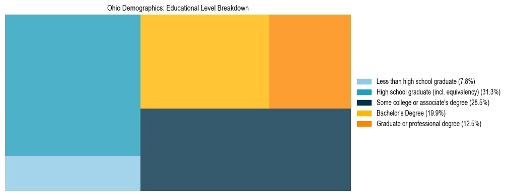 Treemap chart illustrating educational attainment levels for adults 25+ in Ohio based on 2024 ACS data.