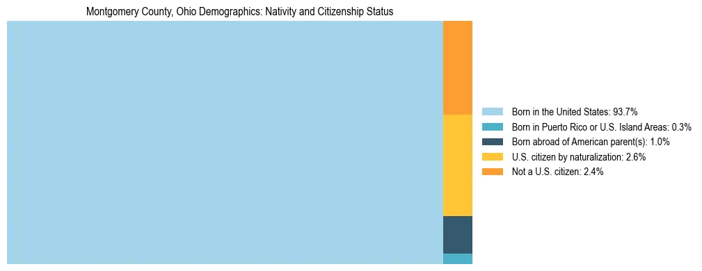 Treemap showing population distribution by nativity and citizenship status in Montgomery County, Ohio based on 2023 ACS data.
